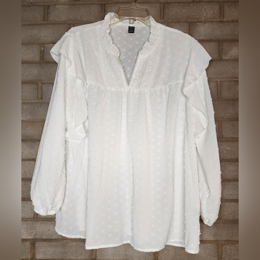 Elegant White Blouse With Ruffles/ Swiss Dots Crochet Lace Neckline